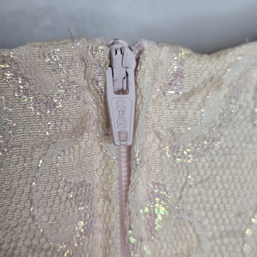 Vtg 80s Mayvens of California Iridescent Peach Pink Lace Puff Sleeve Prom Dress - Picture 13 of 14